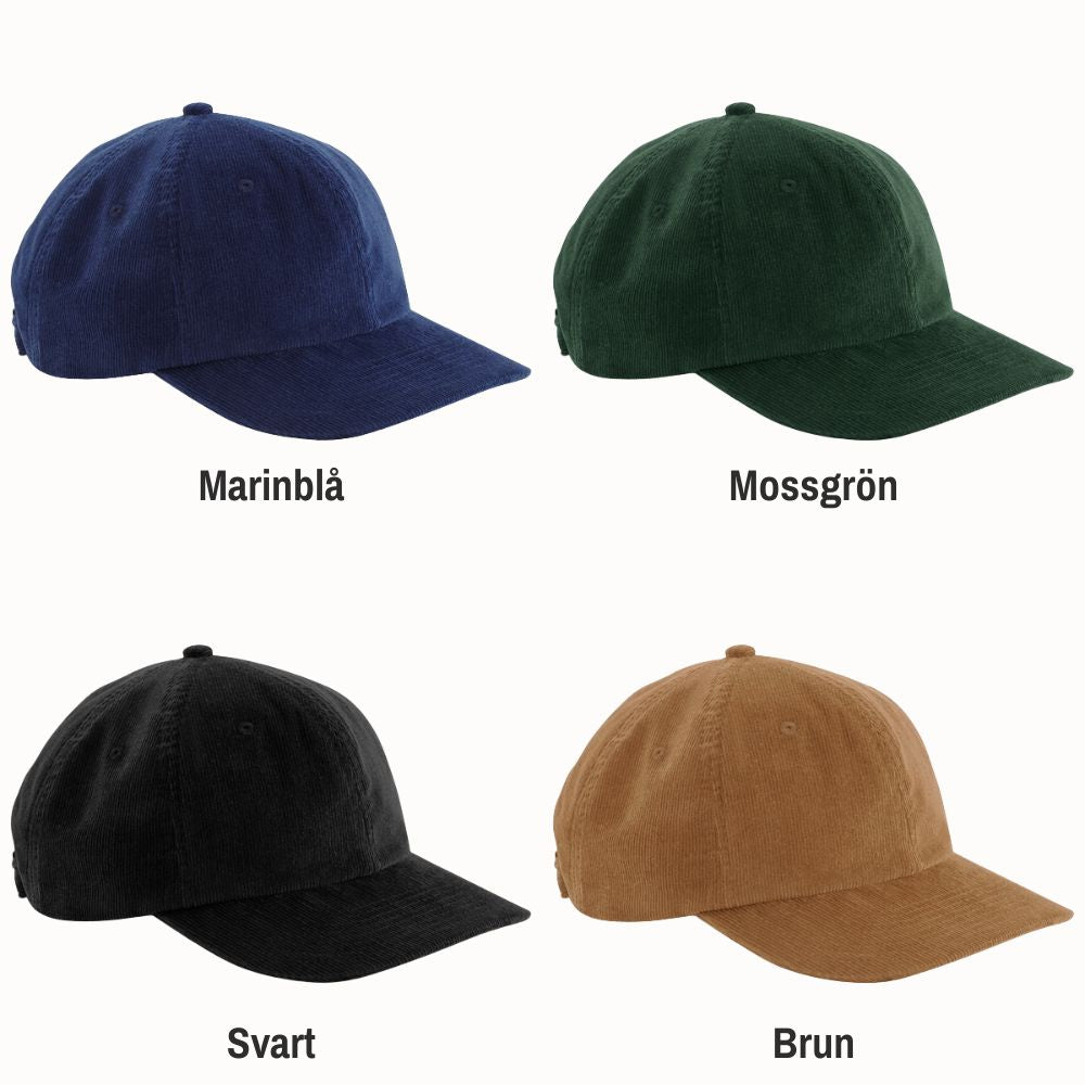 Manchesterkeps i färgerna marinblå, mossgrön, svart och brun