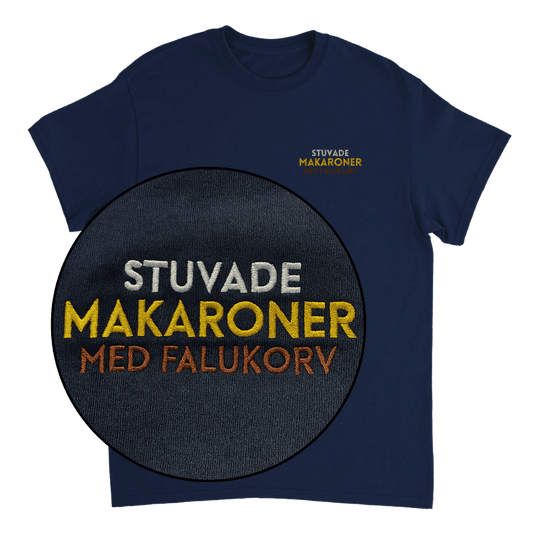 Stuvade makaroner med falukorv - T-shirt med brodyr 